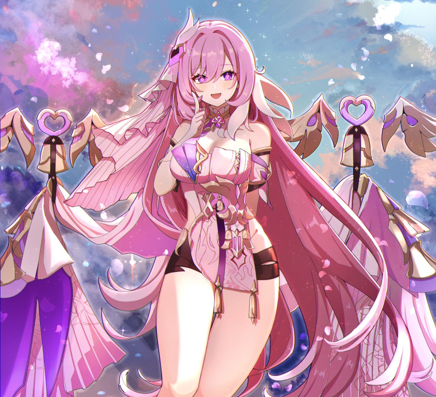 arm_behind_back bare_legs bare_shoulders bell black_shorts blue_sky breasts bridal_veil cleavage clothing_cutout commentary commentary_request corset cowboy_shot diamond-shaped_pupils diamond_(shape) elf elysia_(herrscher_of_human:_ego)_(honkai_impact) elysia_(honkai_impact) falling_petals female gloves hair_between_eyes heart highres honkai_(series) honkai_impact_3rd kuromu_shado large_breasts long_hair looking_at_viewer multicolored_hair open_mouth petals pink_hair pointing pointing_up pointy_ears purple_eyes short_shorts shorts side_cutout sky smile solo streaked_hair symbol-shaped_pupils triquetra veil very_long_hair white_corset white_gloves white_hair white_veil