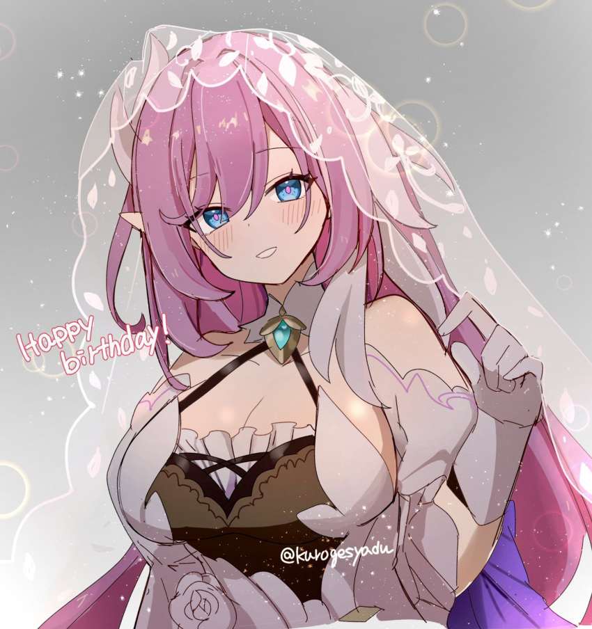 alternate_costume blue_eyes breasts bridal_veil cleavage commentary commentary_request dress elf elysia_(honkai_impact) female gem gloves green_gemstone grey_background hair_between_eyes happy_birthday highres honkai_(series) honkai_impact_3rd kuromu_shado large_breasts long_hair looking_at_viewer multicolored_hair pink_hair pointy_ears smile solo streaked_hair twitter_username upper_body veil very_long_hair white_dress white_gloves white_hair