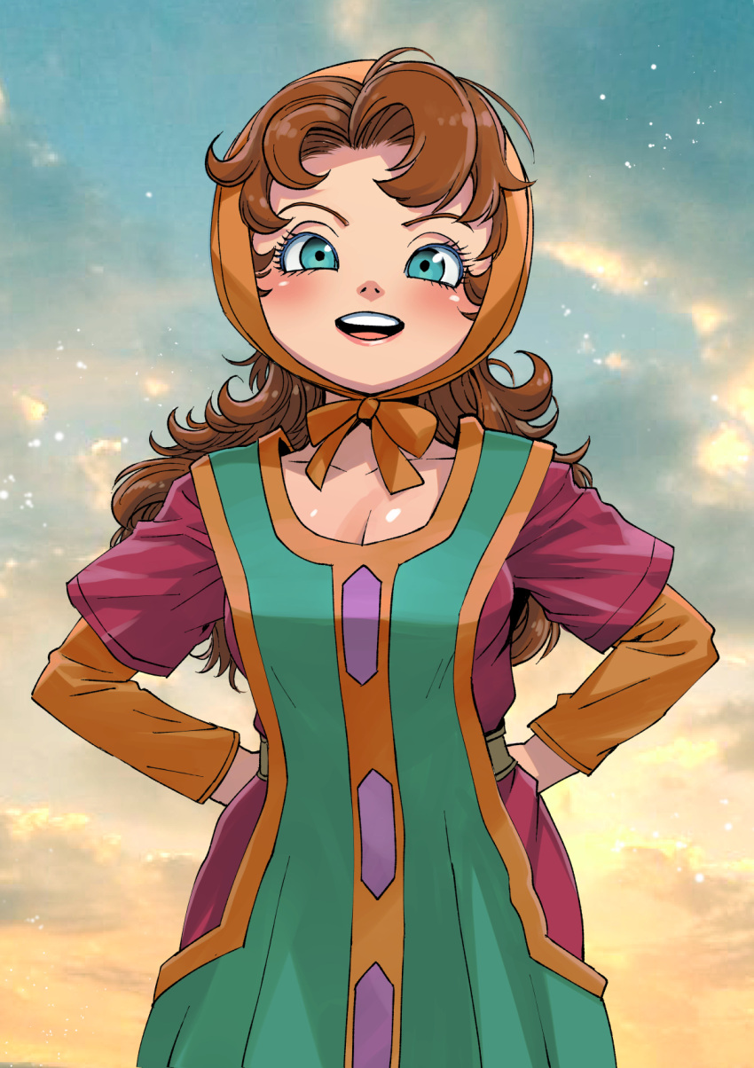 blue_eyes bow breasts brown_hair cleavage commentary_request curly_hair dragon_quest dragon_quest_vii eyelashes female hands_on_own_hips highres long_hair maribel_(dq7) muramasa_mikado open_mouth orange_bow solo standing sunset teeth upper_teeth_only