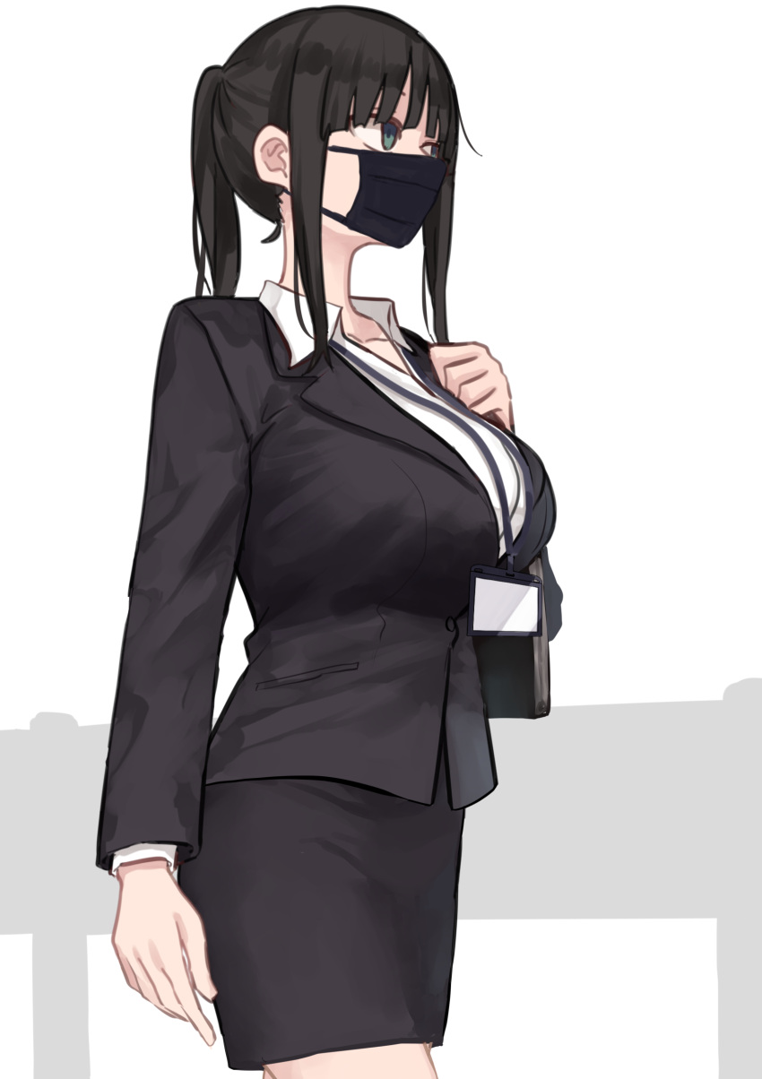 absurdres black_hair black_jacket black_mask black_skirt breasts female highres hr_lady_(rucchiifu) jacket lanyard large_breasts long_hair long_sleeves looking_ahead mask mouth_mask open_collar original pencil_skirt ponytail rucchiifu shirt sidelocks skirt solo white_shirt