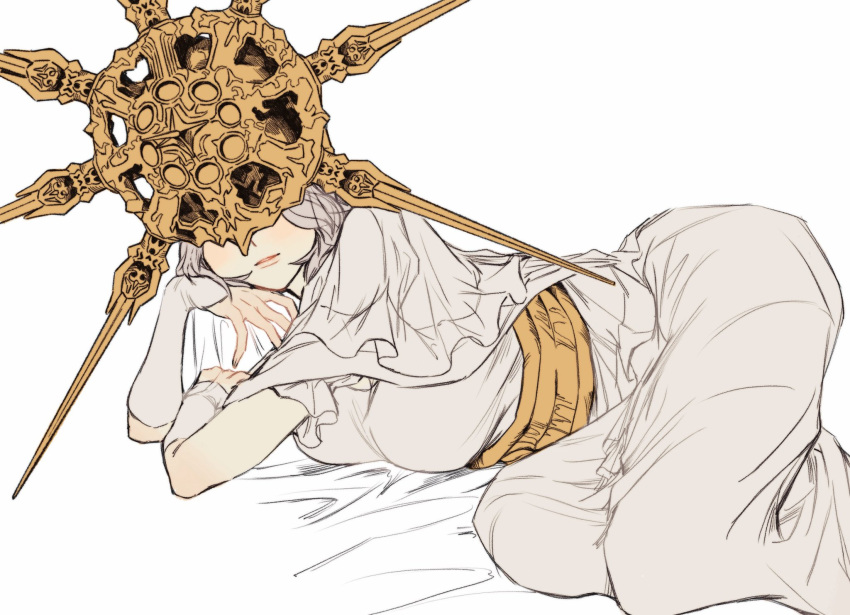 dark_souls_(series) dark_souls_i dark_sun_gwyndolin dress facing_viewer female genderswap_(mtf) gold_headwear grey_dress grey_hair helmet highres lying on_side rule_63 short_hair short_sleeves simple_background solo spiked_helmet white_background zunkome