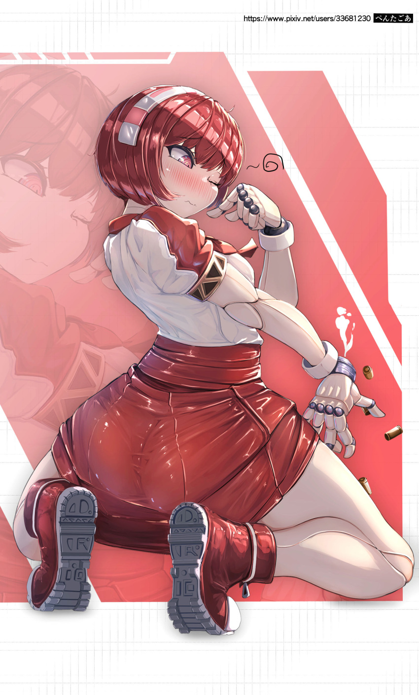 absurdres blush dorothy_haze full-face_blush full_body goddess_of_victory:_nikke hairband highres joints one_eye_closed pta puffy_short_sleeves puffy_sleeves red_eyes red_hair ribbon robot_girl robot_joints short_hair short_sleeves skirt solo squatting va-11_hall-a