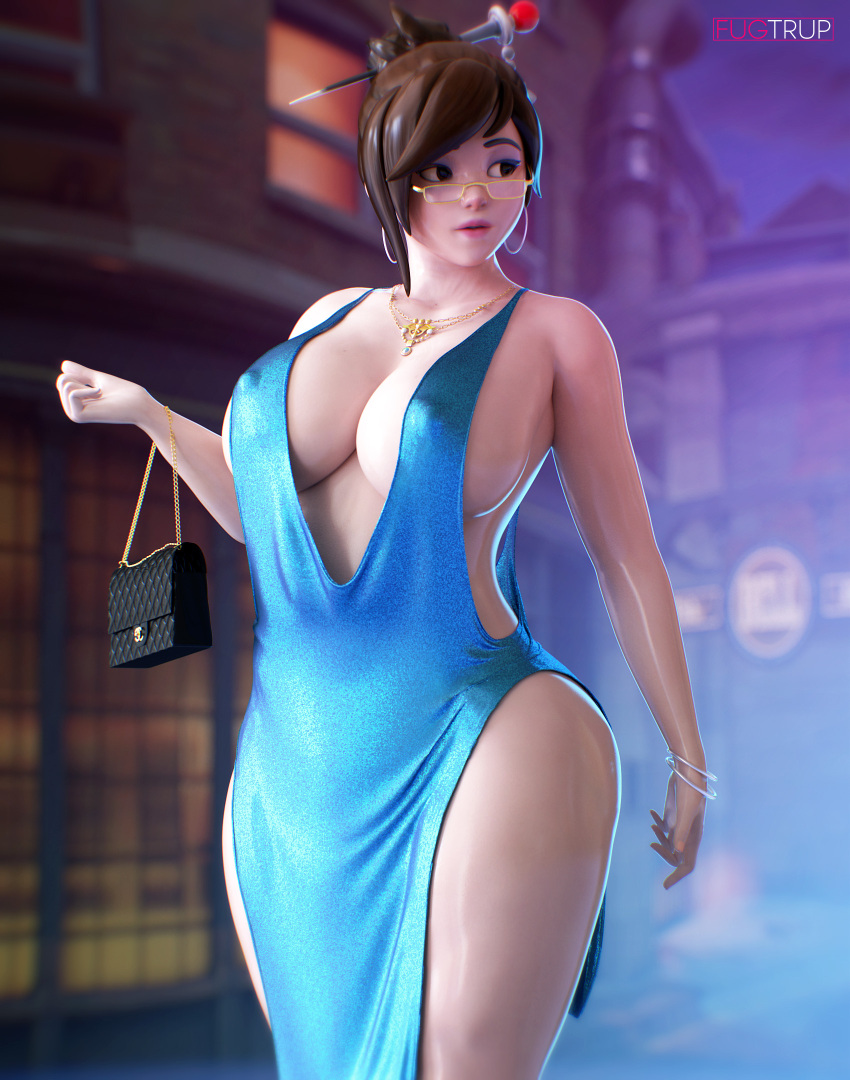 3d bag bangle bare_legs blue_dress bracelet breasts brown_eyes cleavage cocktail_dress covered_nipples dress earrings female formal fugtrup glasses hair_ornament hair_stick handbag highres hoop_earrings huge_breasts jewelry lips long_dress mei_(overwatch) necklace no_bra no_panties overwatch overwatch_1 pelvic_curtain plunging_neckline revealing_clothes side_slit sideboob solo standing swept_bangs thick_thighs thighs yellow-framed_eyewear