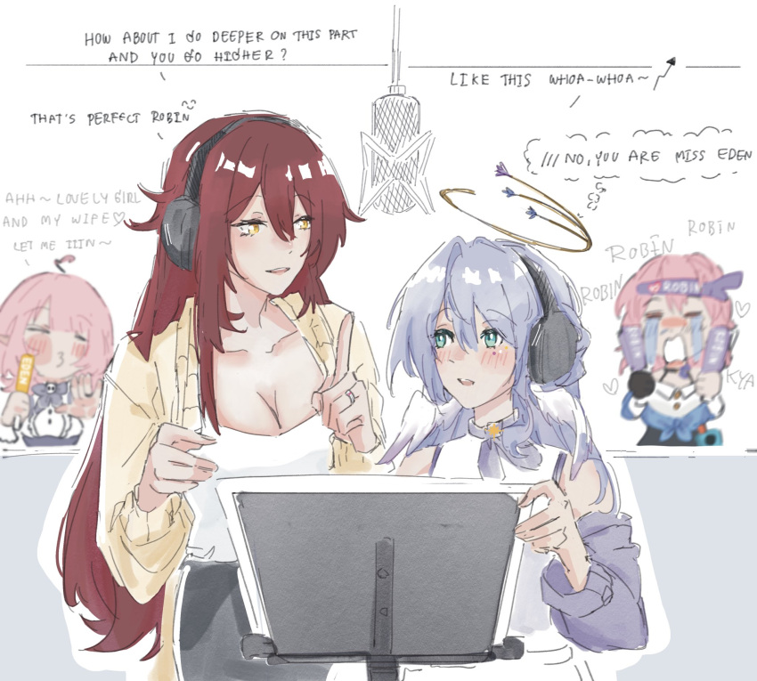 :3 black_skirt blue_bow blue_bowtie blue_hair blue_headband blush_stickers bow bowtie breasts character_name cleavage commentary crossover eden_(honkai_impact) elysia_(coco)_(honkai_impact) elysia_(honkai_impact) elysia_(miss_pink_elf)_(honkai_impact) english_text glowstick green_eyes hair_between_eyes halo head_wings headband headphones highres holding holding_glowstick honkai:_star_rail honkai_(series) honkai_impact_3rd jacket large_breasts long_hair looking_at_another march_7th_(honkai:_star_rail) march_7th_(preservation)_(honkai:_star_rail) microphone pink_hair pointing pointing_up recording_studio red_hair robin_(honkai:_star_rail) shirt skirt studio_microphone white_shirt wings yaro_yk yellow_eyes yellow_jacket yuri