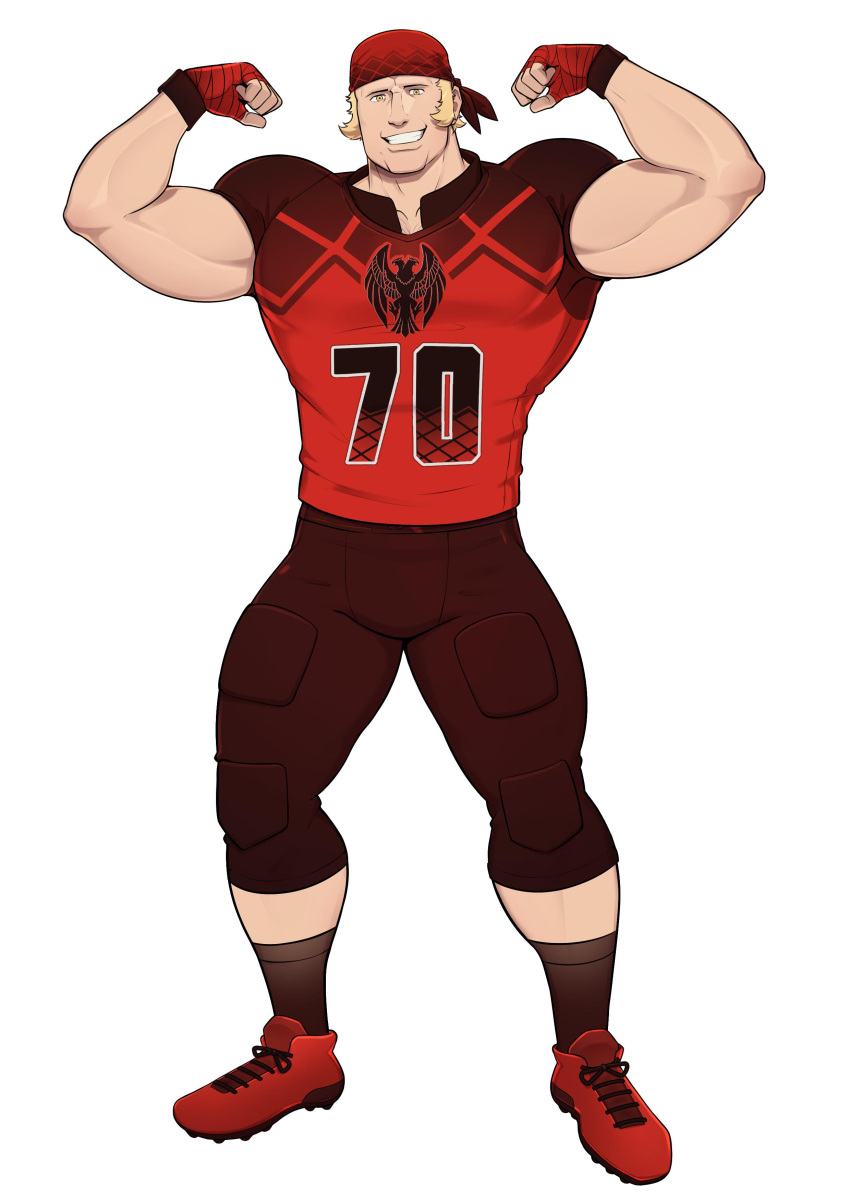 1boy absurdres american_football_uniform bandaged_hand bandages bandana bara biceps blonde_hair double_biceps_pose fire_emblem fire_emblem:_three_houses fire_emblem_warriors:_three_hopes flexing full_body geckobara highres large_pectorals looking_at_viewer male_focus muscular muscular_male pectorals raphael_kirsten red_footwear shirt short_sleeves sideburns smile socks sportswear tight_clothes tight_shirt white_background yellow_eyes