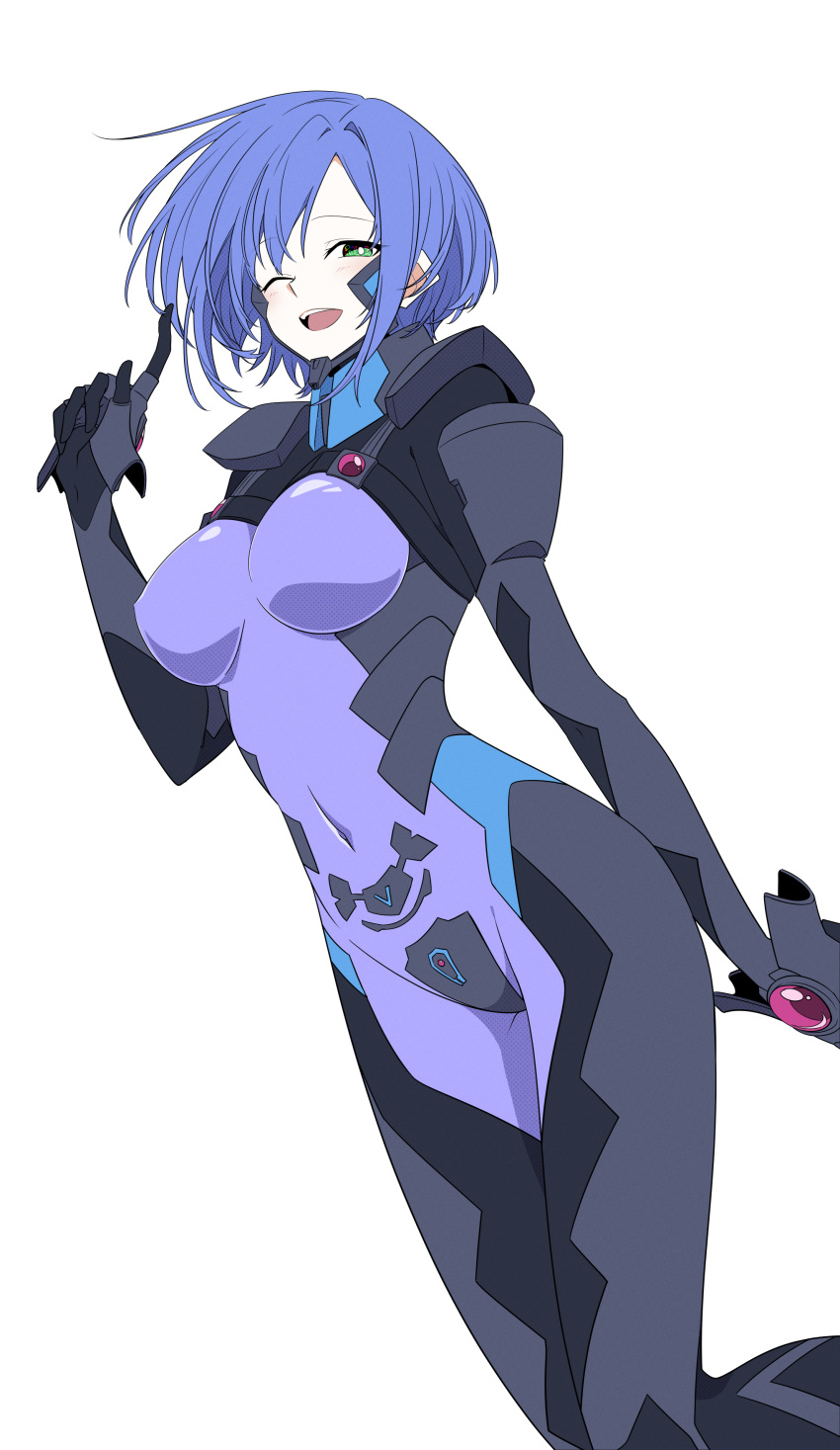 absurdres arm_up armored_bodysuit blue_hair blush bodysuit breasts bright_pupils covered_navel feet_out_of_frame female fortified_suit green_eyes highres impossible_bodysuit impossible_clothes kamon_rider kashiwagi_haruko large_breasts muv-luv muv-luv_alternative one_eye_closed open_mouth pilot_suit purple_bodysuit short_hair skin_tight smile solo teeth upper_teeth_only white_pupils