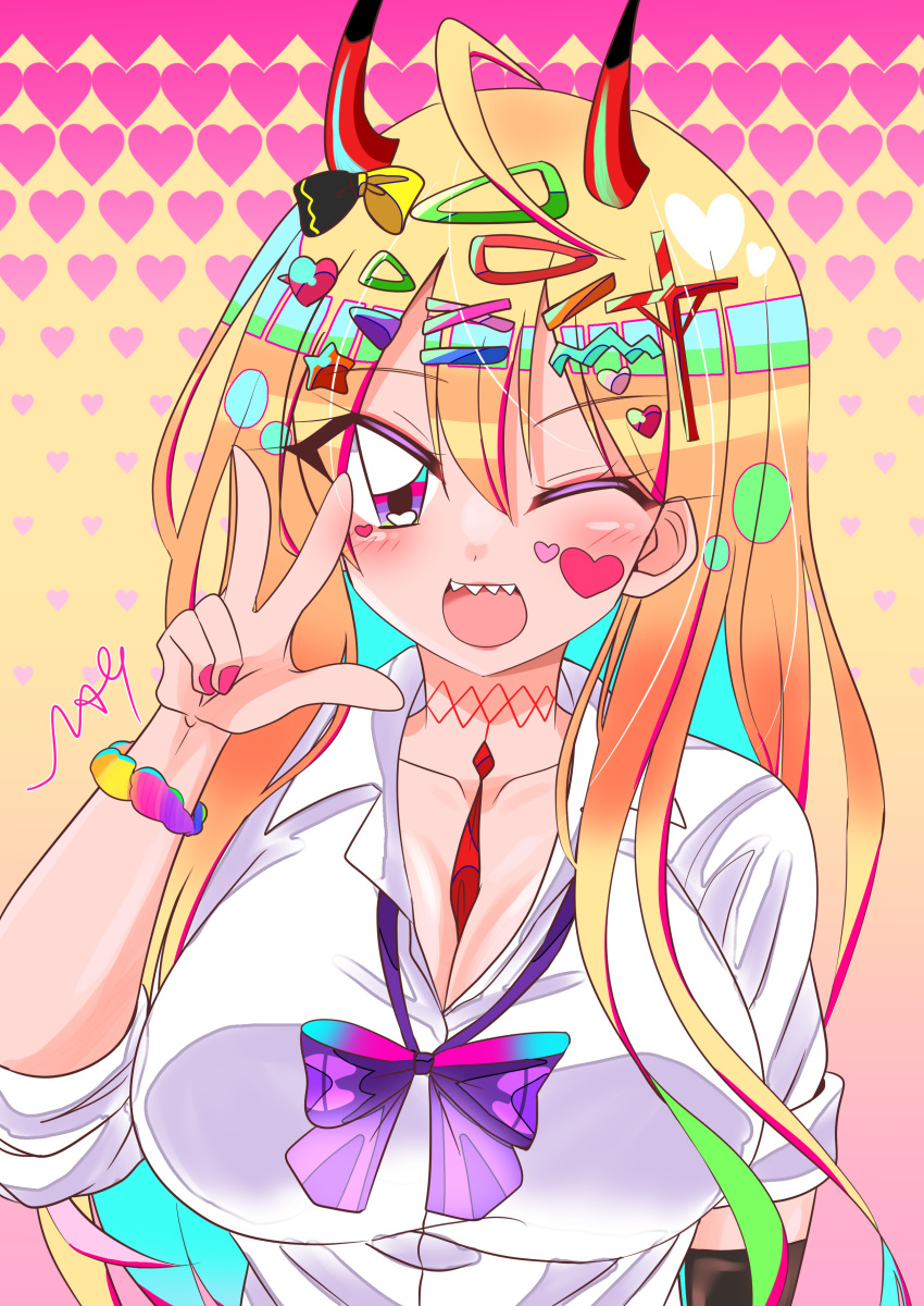 1990s_(style) ;d absurdres ahoge azur_lane blonde_hair bow bowtie breasts cleavage collared_shirt cross_hair_ornament female gradient_background gyaru hair_ornament hairclip hand_up heart highres horns kumano_(azur_lane) large_breasts light_blush long_hair looking_at_viewer one_eye_closed open_mouth pink_background pink_nails purple_bow purple_bowtie red_horns retro_artstyle sharp_teeth shirt smile solo takaaki_nagura teeth w white_shirt yellow_background