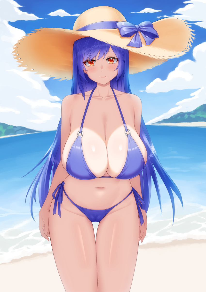 absurdres arms_at_sides bare_arms bare_shoulders beach bikini blue_bikini blue_bow blue_hair blue_sky bow breasts cameltoe cleavage closed_mouth cloud collarbone cowboy_shot darkswan female groin halterneck hat hat_bow hat_ribbon highres huge_breasts large_hat light_blush long_hair looking_at_viewer navel ocean original outdoors red_eyes ribbon side-tie_bikini_bottom sky smile solo standing straight-on straight_hair straw_hat string_bikini swept_bangs swimsuit thigh_gap very_long_hair water