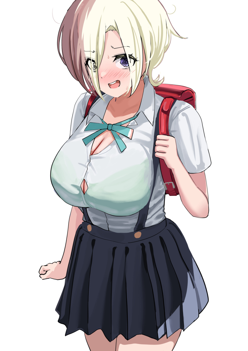 @_@ absurdres aqua_ribbon blue_eyes blue_skirt blush bra bra_visible_through_clothes breasts bursting_breasts cleavage collared_shirt commentary commission cowboy_shot eyes_visible_through_hair female green_bra hair_over_eyes highres huge_breasts love_live! love_live!_nijigasaki_high_school_idol_club mia_taylor neck_ribbon open_mouth pisagi pixiv_commission pleated_skirt red_bag ribbon see-through shirt short_hair short_sleeves simple_background skirt solo suspender_skirt suspenders teeth underwear upper_teeth_only white_background white_shirt