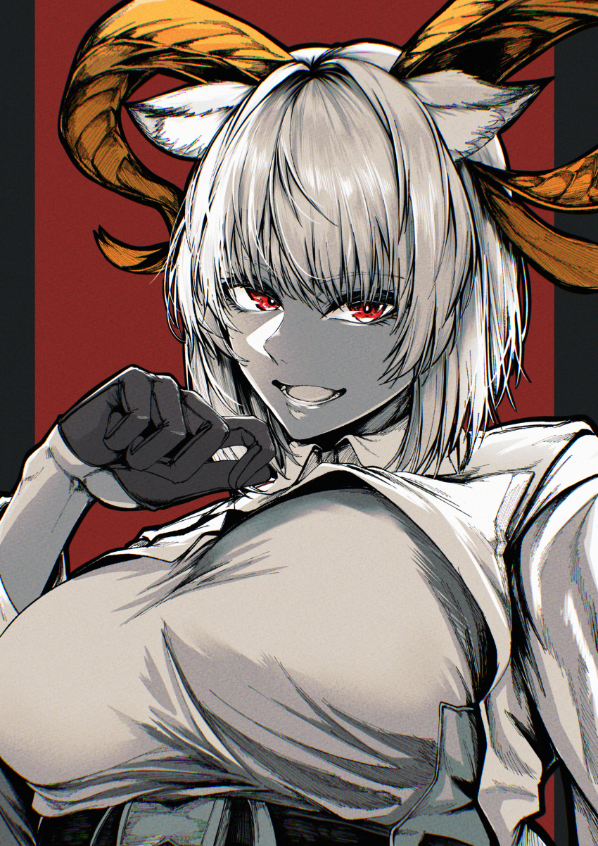 absurdres animal_ear_fluff animal_ears arknights breasts bright_pupils carnelian_(arknights) commentary_request curled_horns female gloves half_gloves hand_up highres horns indoor_gorilla large_breasts long_sleeves looking_at_viewer open_mouth partially_colored red_background red_eyes shirt short_hair simple_background smile solo upper_body white_pupils yellow_horns