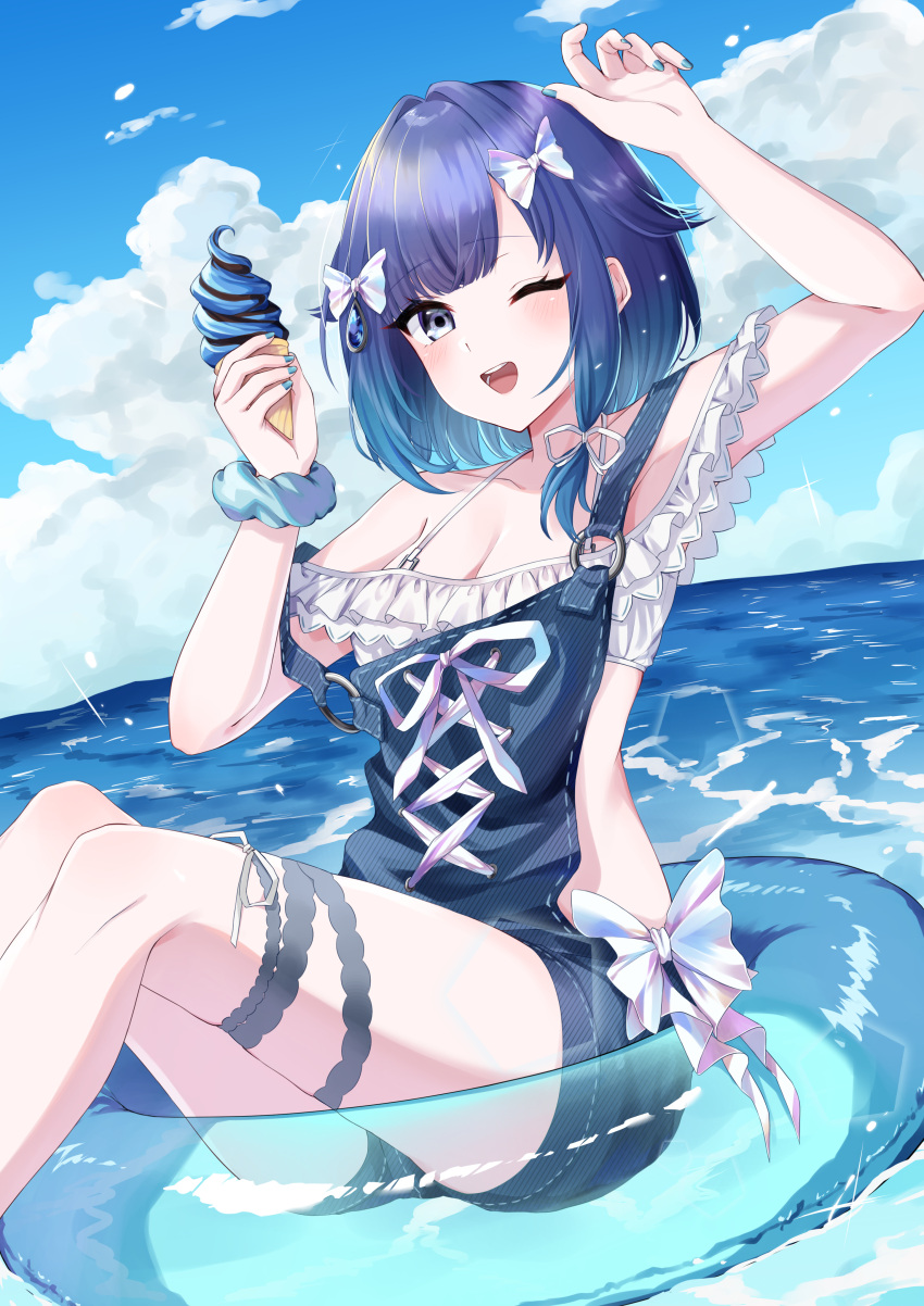 ;d absurdres bikini binirukasa0117 blue_eyes blue_hair blue_nails blue_overalls blue_scrunchie blue_sky bow breasts cleavage cloud dark_blue_hair female food frilled_bikini frills gradient_hair hair_flaps hair_ribbon hairbow highres holding holding_food holding_ice_cream holding_ice_cream_cone ice_cream ice_cream_cone innertube looking_at_viewer medium_breasts multicolored_hair o-ring ocean off-shoulder_bikini off_shoulder one_eye_closed overall_shorts overalls rainbow_bow ribbon scrunchie short_hair sitting sky smile solo swim_ring swimsuit thigh_strap tsumugi_kokage tsumugi_kokage_(vspo!_summer_2024) virtual_youtuber vspo! water water_drop_hair_ornament white_bikini wrist_scrunchie