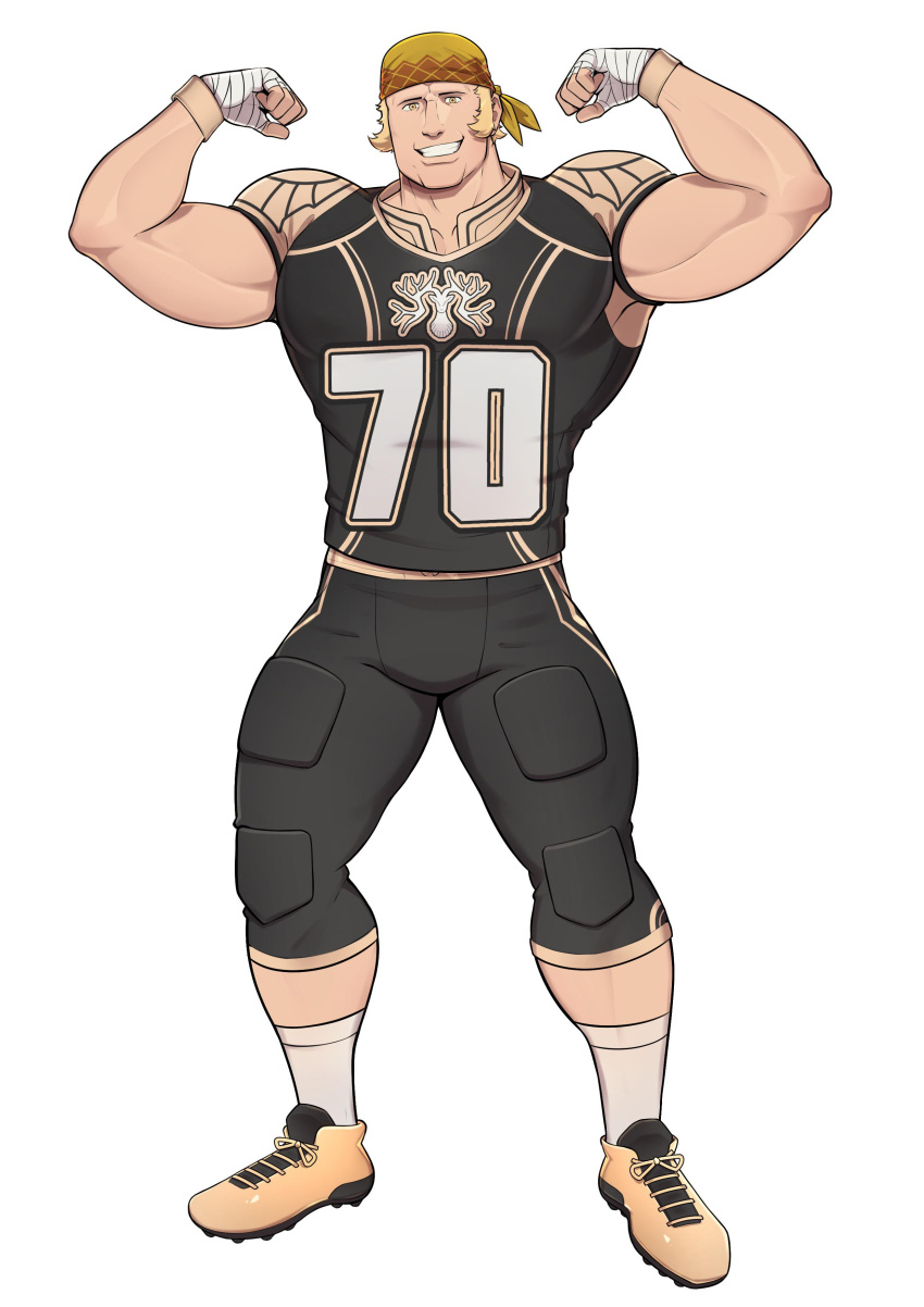 1boy absurdres american_football_uniform bandaged_hand bandages bandana bara biceps blonde_hair double_biceps_pose fire_emblem fire_emblem:_three_houses fire_emblem_warriors:_three_hopes flexing full_body geckobara highres large_pectorals looking_at_viewer male_focus muscular muscular_male pants pectorals raphael_kirsten shirt short_sleeves sideburns smile socks sportswear tight_clothes tight_pants tight_shirt white_background white_socks yellow_eyes