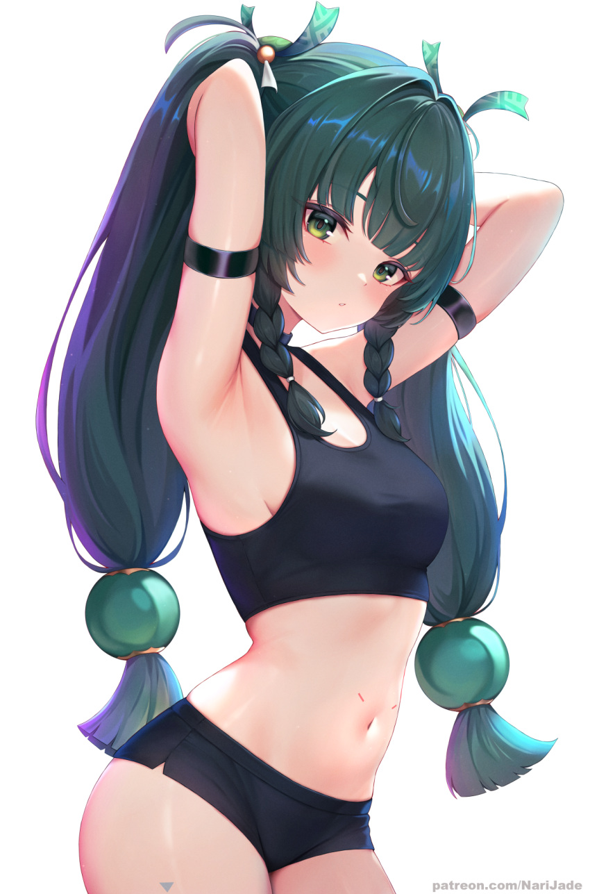 arm_strap armpits arms_up bare_shoulders black_shorts braid breasts cowboy_shot crop_top english_commentary female green_eyes green_hair hair_intakes highres long_hair looking_at_viewer midriff narijade navel qingyi_(zenless_zone_zero) short_shorts shorts simple_background small_breasts solo sports_bra standing stomach twin_braids twintails very_long_hair white_background zenless_zone_zero