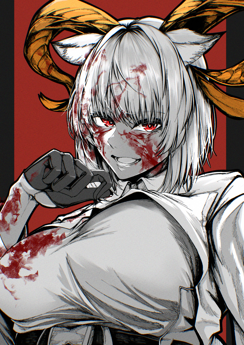 absurdres animal_ear_fluff animal_ears arknights blood blood_in_hair blood_on_clothes blood_on_face breasts bright_pupils carnelian_(arknights) commentary_request curled_horns female gloves half_gloves hand_up highres horns indoor_gorilla large_breasts long_sleeves looking_at_viewer open_mouth partially_colored red_background red_eyes shirt short_hair simple_background smile solo upper_body white_pupils yellow_horns