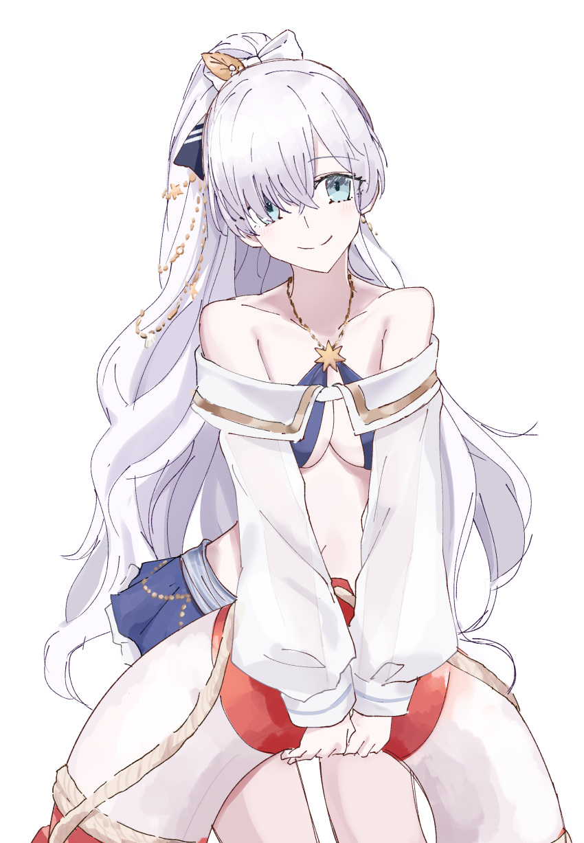 absurdres anastasia_(fate) anastasia_(swimsuit_archer)_(fate) anastasia_(swimsuit_archer)_(third_ascension)_(fate) bare_shoulders bikini blue_bikini blue_eyes blue_skirt bow breasts cleavage collarbone fate/grand_order fate_(series) female hair_over_one_eye hairbow highres innertube jewelry large_breasts long_hair long_sleeves looking_at_viewer miniskirt navel necklace ponytail puffy_long_sleeves puffy_sleeves skirt smile solo swim_ring swimsuit thighs very_long_hair white_hair yamamon_0