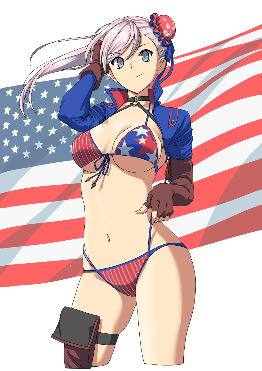 absurdres american_flag american_flag_print bikini blue_eyes breasts brown_gloves cleavage closed_mouth commentary_request cropped_legs fate/grand_order fate_(series) female fingerless_gloves flag_print gloves grey_hair hand_in_own_hair hide12862152 highres large_breasts long_hair looking_at_viewer miyamoto_musashi_(fate) miyamoto_musashi_(swimsuit_berserker)_(fate) miyamoto_musashi_(swimsuit_berserker)_(second_ascension)_(fate) navel pouch smile solo swimsuit thigh_pouch thigh_strap