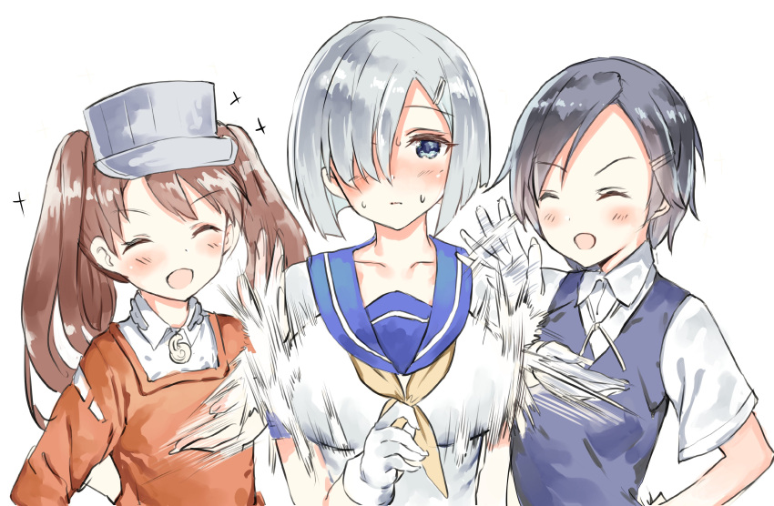 3girls absurdres black_hair blue_eyes blush bouncing_breasts breasts brown_hair closed_eyes closed_mouth commentary gloves grey_hair hair_over_one_eye hamakaze_(kancolle) highres kantai_collection kuroshio_(kancolle) large_breasts long_hair mizuta_kenji multiple_girls neckerchief open_mouth ryuujou_(kancolle) sailor_collar school_uniform serafuku shirt short_hair short_sleeves simple_background slapping slapping_breasts sweat twintails vest visor_cap white_background white_gloves yellow_neckerchief