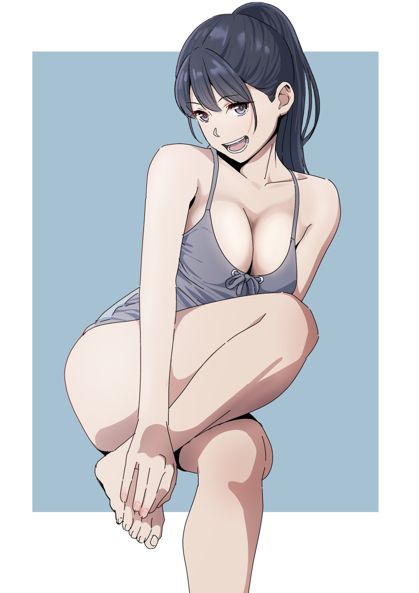 absurdres barefoot black_hair breasts cleavage collarbone commentary_request feet female grey_eyes grey_one-piece_swimsuit hide12862152 highres large_breasts long_hair looking_at_viewer one-piece_swimsuit open_mouth original ponytail simple_background sitting solo swimsuit teeth tongue