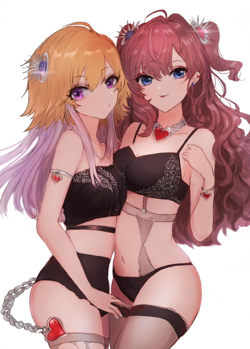 2girls :3 absurdres arm_strap black_bra black_panties black_thighhighs blonde_hair blue_eyes bra bracelet breasts chains cleavage collarbone commentary_request dimension-3_(idolmaster) ear_piercing floral_print garter_belt grey_legwear hair_ornament heart heart_bracelet heart_necklace highres ichinose_shiki idolmaster idolmaster_cinderella_girls jewelry kuromitsu_maria light_purple_hair long_hair medium_breasts multiple_girls nail_polish necklace ninomiya_asuka panties piercing purple_eyes red_hair simple_background small_breasts strapless strapless_bra thighhighs tongue tongue_out underwear white_background