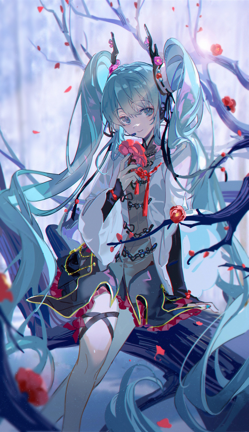 absurdly_long_hair absurdres aqua_eyes aqua_hair aqua_nails arm_support bare_tree blurry blurry_background blurry_foreground borrowed_design branch chinese_clothes commentary feet_out_of_frame female flower grey_sky hair_ornament hatsune_miku highres hitokoto holding holding_flower long_hair looking_at_viewer nail_polish outdoors petals plum_blossoms red_flower sidelocks sitting_on_branch sky smile solo tree twintails very_long_hair vocaloid