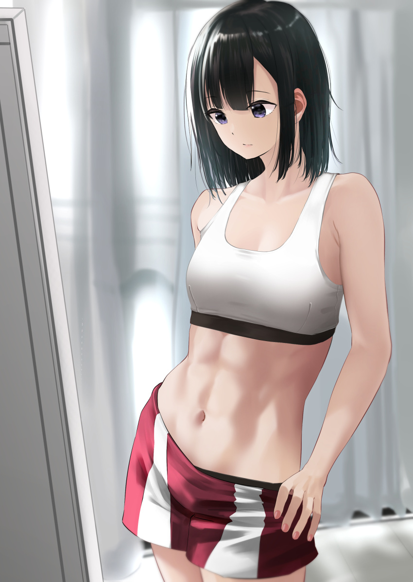 abs absurdres bare_arms bare_shoulders black_hair breasts cleavage closed_mouth clothes_pull collarbone cowboy_shot curtains female hanebado! highres indoors looking_at_mirror medium_breasts mirror navel purple_eyes red_shorts shiwahime_yuika short_hair shorts shorts_pull solo sports_bra stomach tama_(tamago) white_sports_bra