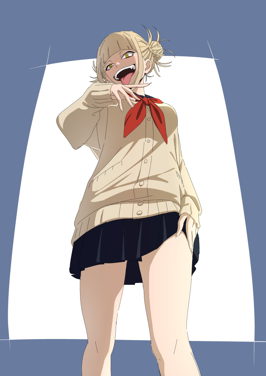 absurdres black_sailor_collar black_skirt blonde_hair boku_no_hero_academia brown_cardigan cardigan commentary double_bun fangs female from_below hair_bun hand_on_own_thigh hide12862152 highres looking_afar neckerchief open_mouth pleated_skirt red_neckerchief sailor_collar skirt solo standing toga_himiko tongue tongue_out yellow_eyes