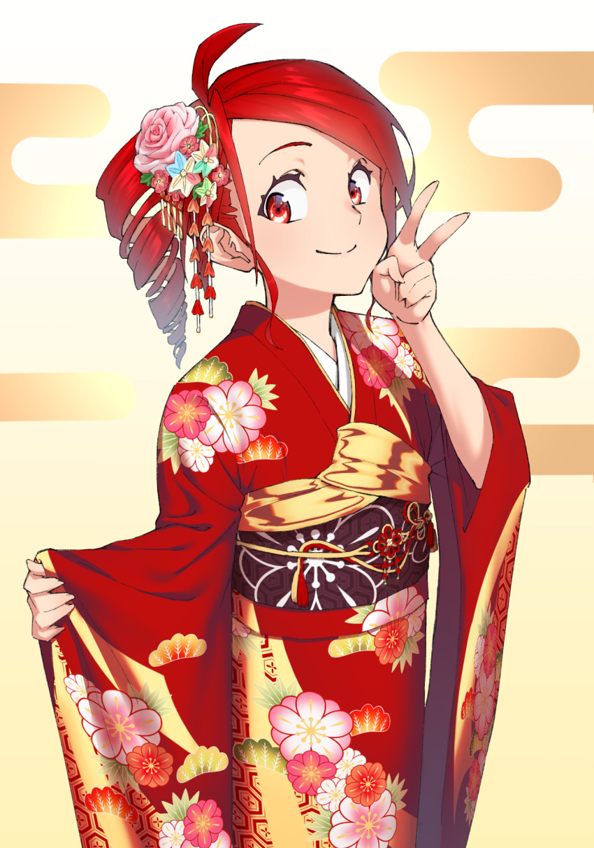 ahoge bad_id bad_pixiv_id cloud_background commentary cowboy_shot drill_hair egasumi female floral_print flower furisode hair_flower hair_ornament hand_up highres japanese_clothes kasane_teto kikkoumon kimono looking_at_viewer obi pink_flower pink_rose red_eyes red_hair red_kimono rose sash short_hair smile solo standing utau v wide_sleeves yasutange yellow_background