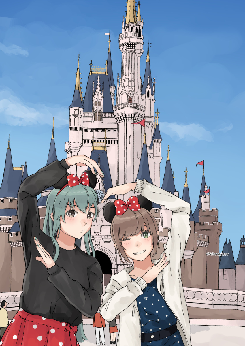 2girls alternate_costume aqua_eyes aqua_hair black_hair black_sweater blue_dress blue_sky castle cloud commentary_request day disneyland dress fubuki_(kancolle) fubuki_(spring_mode)_(kancolle) green_eyes hair_ornament hairclip heart_arms_duo highres hood hooded_jacket hoodie jacket kantai_collection long_hair looking_at_viewer minnie_mouse_ears multiple_girls nakano_kiho official_alternate_costume one_eye_closed outdoors polka_dot polka_dot_dress polka_dot_skirt pose sidelocks skirt sky suzuya_(kancolle) sweater white_jacket