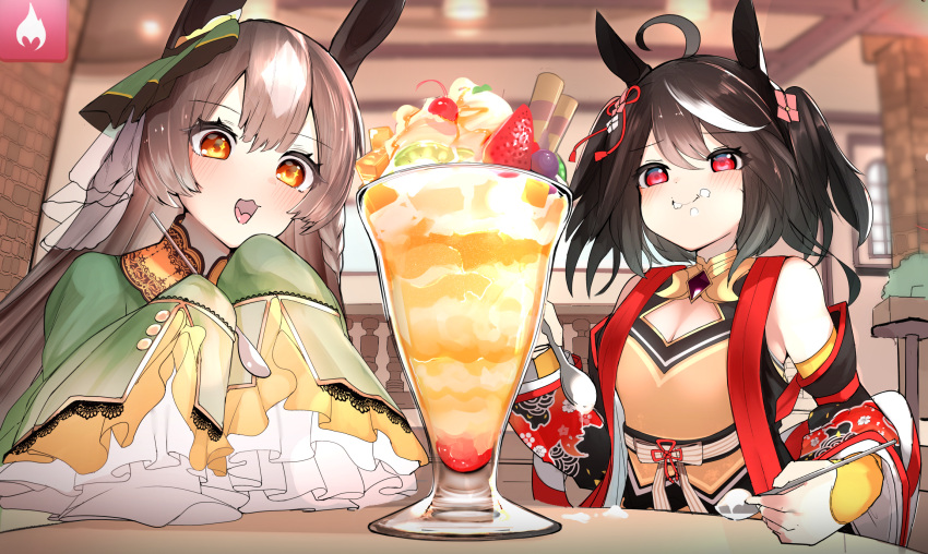 +_+ 2girls ahoge animal_ears arisakak_(valshun1225) black_hair bow brown_hair cherry cleavage_cutout clothing_cutout commentary_request cream dessert detached_sleeves dual_wielding food food_on_body frilled_sleeves frills fruit gameplay_mechanics gelatin hair_ornament hairbow highres holding holding_spoon horse_ears horse_girl indoors kitasan_black_(umamusume) long_hair multicolored_hair multiple_girls orange_eyes parfait partial_commentary red_eyes satono_diamond_(umamusume) short_hair sleeves_past_wrists spoon strawberry streaked_hair two-tone_hair umamusume wafer_stick white_hair