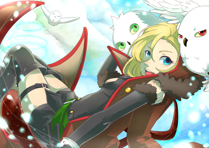 artemis_(junketsu_no_maria) artemis_(junketsu_no_maria)_(bird) bad_id bad_pixiv_id belt bird black_footwear blonde_hair blue_eyes boots cloud commentary_request day ezekiel_(junketsu_no_maria) ezekiel_(junketsu_no_maria)_(bird) female flying foreshortening highres junketsu_no_maria looking_at_viewer maria_(junketsu_no_maria) owl pigeon priapus_(junketsu_no_maria) priapus_(junketsu_no_maria)_(bird) short_hair sky tanoshi