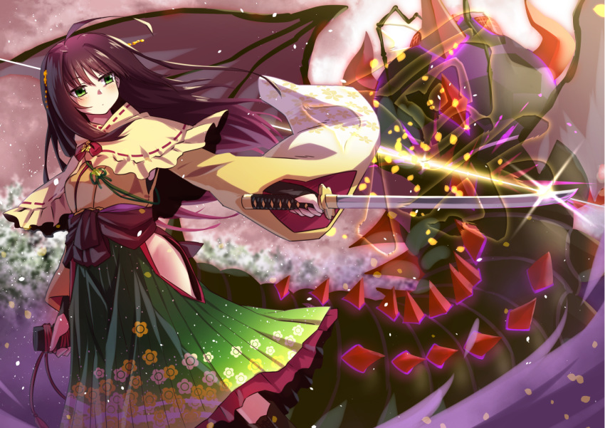 black_hair commentary_request expressionless female floral_print flower_knight_girl frills green_eyes green_skirt holding holding_sword holding_weapon left-handed long_hair mizunashi_(second_run) monster print_skirt scabbard shawl sheath skirt solo sword unsheathed weapon yamabuki_(flower_knight_girl)