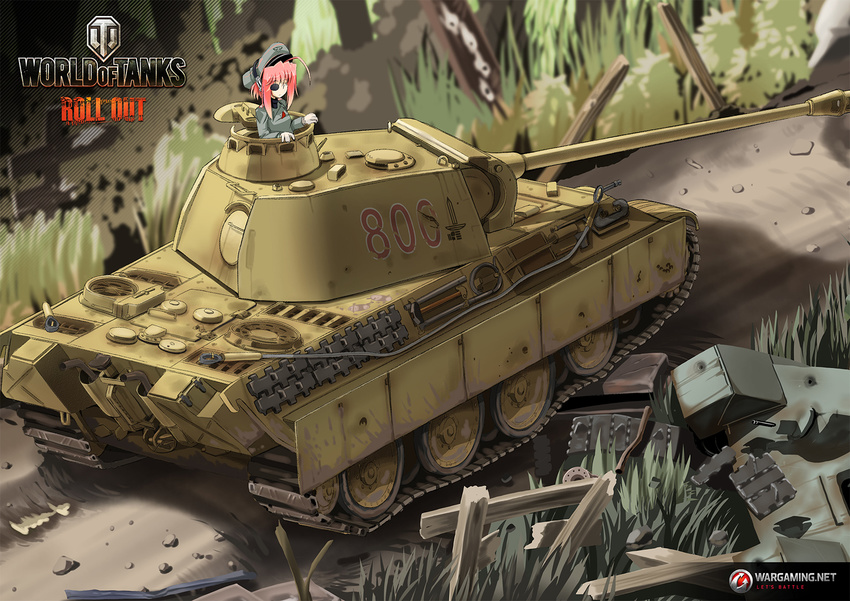 bauer caterpillar_tracks commentary english_commentary excel_(gewalt) female grass highres military military_vehicle motor_vehicle official_art original panther_(tank) photoshop_(medium) t-34 tank wargaming_japan world_of_tanks