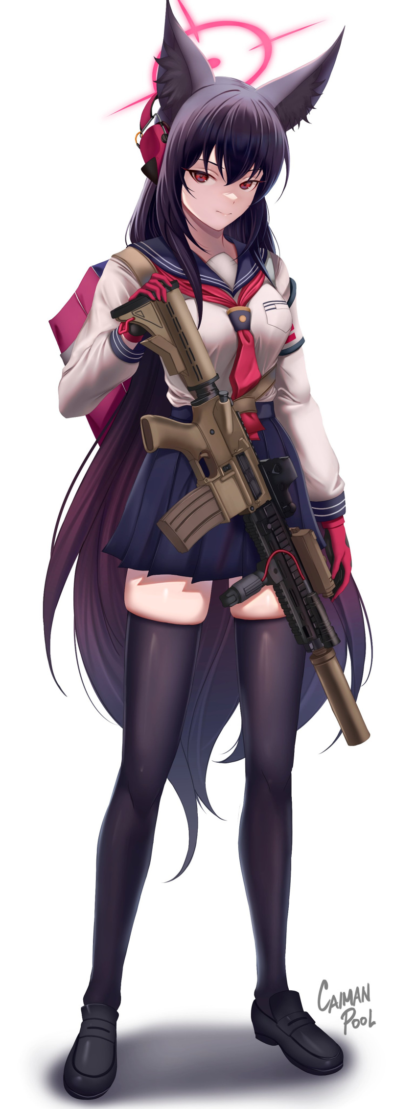 absurdres animal_ears artist_name assault_rifle black_thighhighs blue_archive blue_skirt breasts caiman_pool commentary english_commentary female full_body gun h&k_hk416 highres holding holding_weapon long_hair long_sleeves looking_at_viewer miniskirt optical_sight purple_hair red_eyes rifle school_uniform shirt skindentation skirt solo suppressor thighhighs vertical_foregrip very_long_hair weapon white_background white_shirt yukino_(blue_archive) zettai_ryouiki