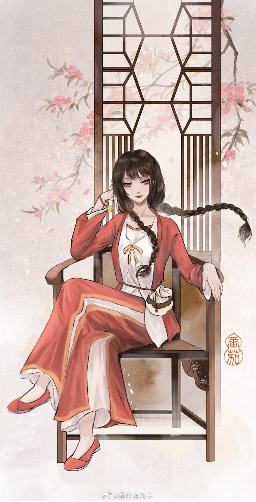 bell bow braid brown_hair chair closed_mouth fanqie_la_wanzi female floral_background highres hundred_demon_spectrum long_hair long_sleeves looking_at_viewer pants red_footwear sack sitting solo tao_yao_(hundred_demon_spectrum) window