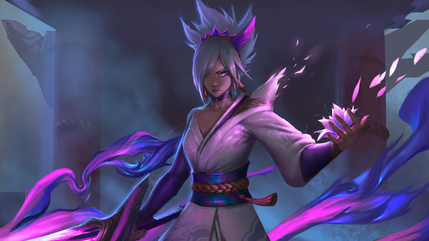 absurdres aura bare_shoulders belt blue_eyes breasts choker cleavage closed_mouth collarbone dark_aura dust dust_cloud earrings eyeshadow facial_mark female fingernails flower glowing glowing_sword glowing_weapon hair_over_one_eye highres holding holding_flower holding_sword holding_weapon horns japanese_clothes jewelry kong_ling_hai league_of_legends long_hair makeup patterned patterned_clothing petals pink_flower purple_choker purple_eyeshadow purple_horns purple_lips riven_(league_of_legends) rope rope_belt single_bare_shoulder single_horn solo spirit_blossom_(league_of_legends) spirit_blossom_riven sword tiara torii weapon white_hair