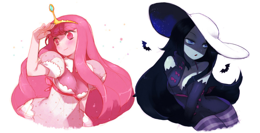 2girls adventure_time animal bat black_hair blue_eyes blush crown dress elbow_gloves gloves gwayo hat long_hair marceline oerba_yun_fang pink_eyes pink_hair princess_bubblegum vampire