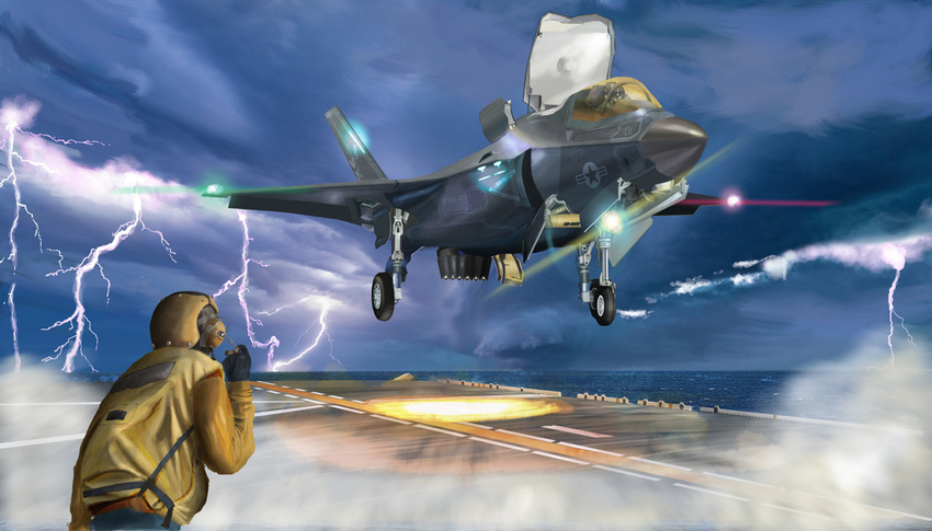 aircraft aircraft_carrier airplane bad_id bad_pixiv_id cloud commentary day f-35_lightning_ii fighter_jet flying helmet i.t.o_daynamics jet landing lightning lightning_bolt_symbol military military_vehicle ocean original realistic roundel ship storm united_states vehicle_focus vtol warship watercraft