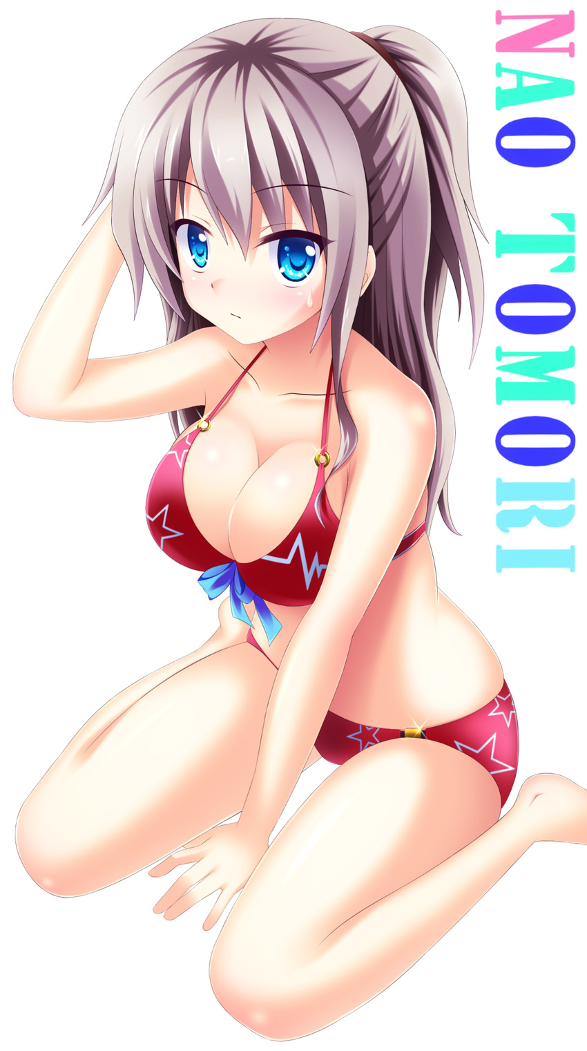 arm_support bikini blue_eyes breasts cardiogram charlotte_(anime) cleavage commentary_request female half_updo heartbeat highres karin_(rei862) large_breasts long_hair o-ring o-ring_top ponytail print_bikini red_bikini sitting solo star_(symbol) star_print strap_gap swimsuit tears tomori_nao wariza white_hair