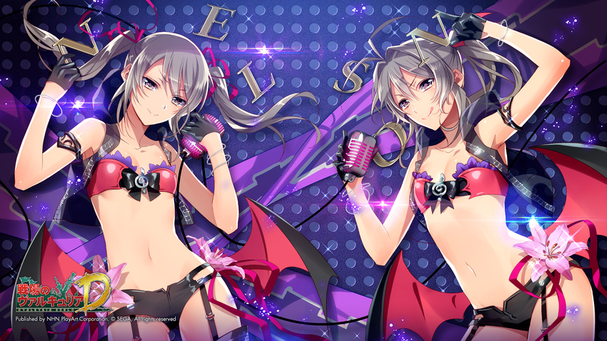 2girls :p alternate_costume bat_wings bracelet copyright_name cowboy_shot edy_nelson flower garter_straps gloves grey_eyes grey_hair hair_ribbon highres jewelry latex latex_gloves licorice_nelson long_hair looking_at_viewer microphone midriff multiple_girls murakami_yuichi navel ponytail ribbon sega senjou_no_valkyria_(series) siblings sisters smile tongue tongue_out treble_clef twintails underwear underwear_only watermark wings