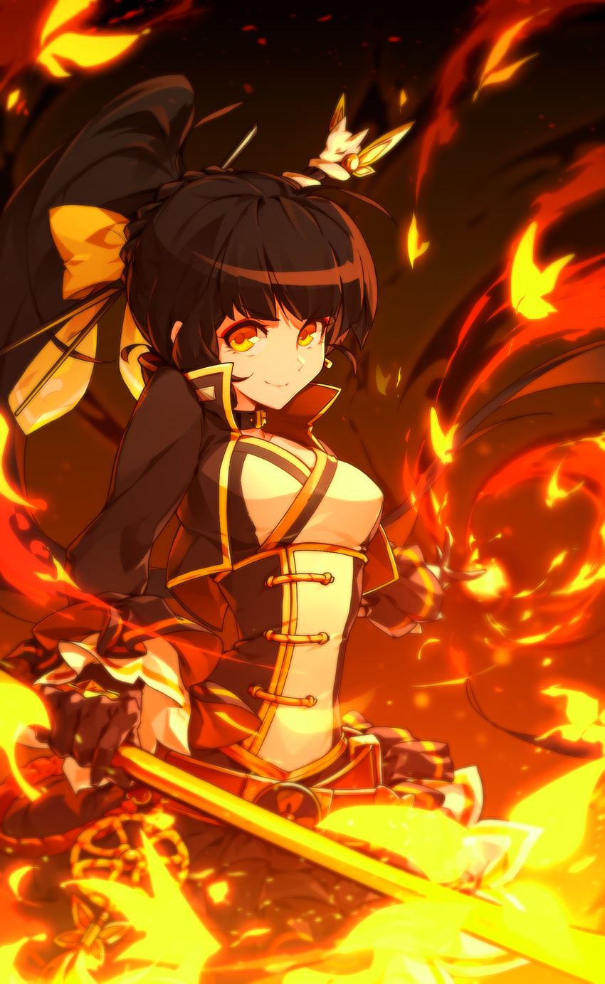 absurdres ara_haan bad_id bad_pixiv_id belt black_gloves black_hair black_skirt bow braid bug butterfly corset elsword female gloves hair_ornament hairbow hairpin highres hwansang little_devil_(elsword) long_hair magic multicolored_eyes orange_eyes ponytail skirt smile solo staff yellow_bow yellow_eyes