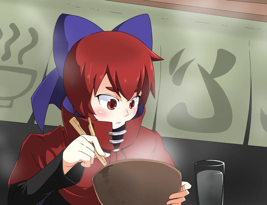 blush bow bowl cape chopsticks commentary_request cup eating female hairbow highres long_sleeves looking_down night no_neck noren red_eyes red_hair sa-mon sekibanki short_eyebrows short_hair sitting solo steam touhou water