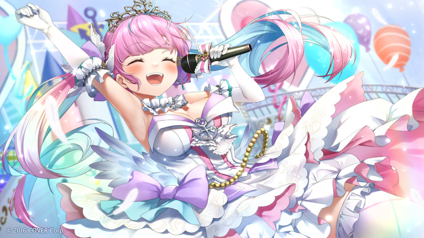 :d arm_up armpits balloon blue_hair blush breasts closed_eyes colored_inner_hair commentary_request day detached_collar dress drill_hair elbow_gloves feathers female floating_hair frilled_thighhighs frills gloves holding holding_microphone hololive kito_koruta koruta_(nekoimo) large_breasts long_hair microphone minato_aqua minato_aqua_(aqua_iro_super_dream) multicolored_hair official_alternate_costume official_art outdoors pink_hair smile solo strapless strapless_dress thighhighs tiara twin_drills twintails two-tone_hair very_long_hair virtual_youtuber white_dress white_gloves white_thighhighs