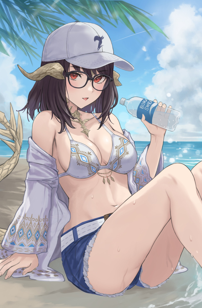 absurdres au_ra baseball_cap beach bikini bikini_top_only black-framed_eyewear black_hair bottle breasts cleavage cloud commission cropped_legs denim denim_shorts dragon_girl dragon_horns dragon_tail enporion female final_fantasy final_fantasy_xiv frayed_shorts glasses hat highres holding holding_bottle horns long_sleeves looking_at_breasts medium_breasts midriff navel off_shoulder open_mouth original outdoors red_eyes sand scales short_hair short_shorts shorts skeb_commission sky solo swimsuit tail warrior_of_light_(ff14) water water_bottle white_horns white_scales white_tail