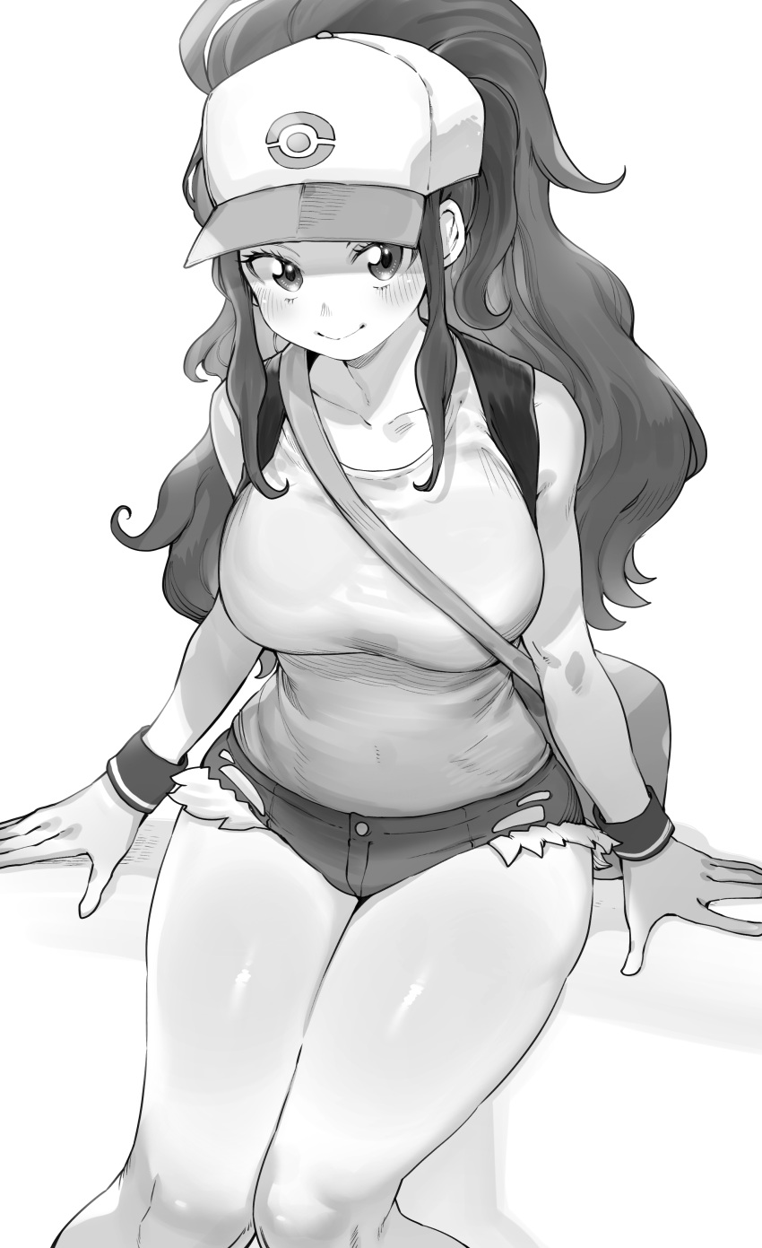 absurdres bare_legs bare_shoulders blush breasts denim denim_shorts female greyscale hat highres hilda_(pokemon) long_hair looking_at_viewer monochrome niwarhythm pokemon pokemon_bw ponytail short_shorts shorts simple_background solo thighhighs white_background