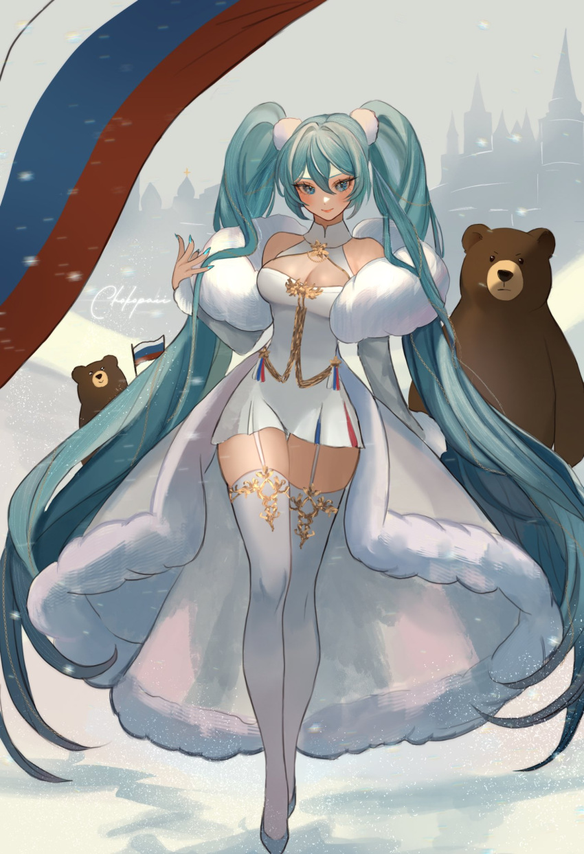 aqua_eyes aqua_hair aqua_nails bare_shoulders bear breasts building castle chokopaii cleavage cleavage_cutout clothing_cutout coat cross dress female full_body fur_trim hair_between_eyes hatsune_miku highres long_hair looking_at_viewer medium_breasts outdoors russian_clothes russian_flag signature snow solo standing thighhighs twintails very_long_hair vocaloid white_coat white_dress white_thighhighs