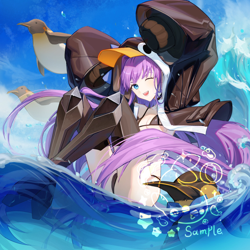 absurdres animal_hood bikini bird black_bikini black_choker black_jacket blue_eyes breasts choker collarbone fate/grand_order fate_(series) female highres hood jacket long_hair long_sleeves meltryllis_(fate) meltryllis_(swimsuit_lancer)_(fate) meltryllis_(swimsuit_lancer)_(first_ascension)_(fate) micro_bikini nuo_suan_cai_xiao_long_bao penguin penguin_hood prosthesis prosthetic_leg purple_hair sleeves_past_fingers sleeves_past_wrists small_breasts swimsuit thighs very_long_hair