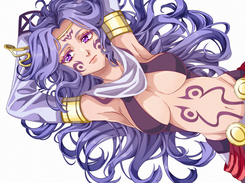 armpits blue_hair breasts circlet cleavage commentary curtained_hair detached_sleeves eyelashes facial_tattoo female floating_hair hair_spread_out highres large_breasts long_hair lying mixed-language_commentary navel on_back purple_eyes purple_hair scarf sideboob simple_background sleeves_past_wrists solo spoilers stomach_tattoo tattoo tia_(ys) tialuna_(ys) wavy_hair white_background ys ys_seven yuzukiyo