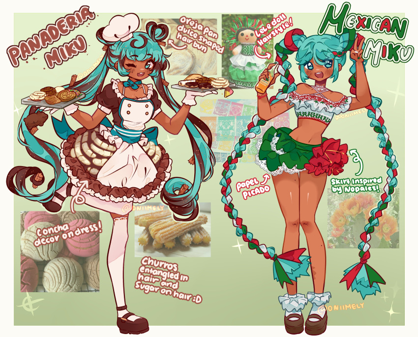 2girls absurdres apron aqua_hair bare_shoulders blush bottle breasts brown_dress brown_footwear brown_hair chef_hat churro cleavage dress english_text food frilled_socks frills green_nails green_ribbons green_skirt hat hatsune_miku highres holding holding_bottle holding_tray leg_up long_hair mexican_clothes midriff miniskirt multicolored_hair multiple_girls navel one_eye_closed oniimely red_ribbon ribbon ribbon_braid skirt socks standing standing_on_one_leg streaked_hair thighhighs tray twintails very_long_hair vocaloid white_apron white_nails white_ribbon white_socks white_thighhighs