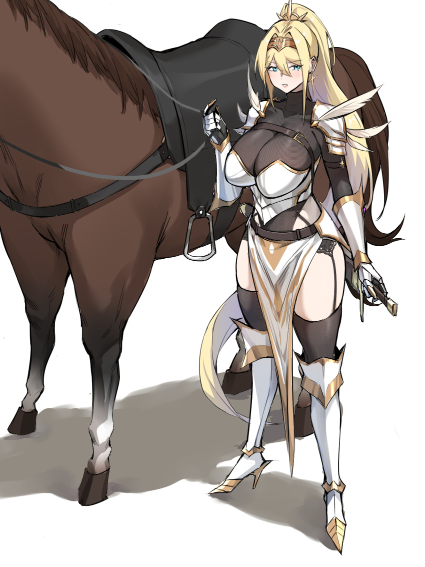 animal armor black_thighhighs blonde_hair blue_eyes boots breast_strap breasts cleavage commentary cross cross_earrings dawalixi earrings female full_body garter_straps gauntlets hair_intakes hair_ornament hairband high_heel_boots high_heels highres holding holding_reins holding_sword holding_weapon horse jewelry large_breasts leotard long_hair looking_at_viewer open_mouth original ponytail reins saddle scabbard shadow sheath sheathed shoulder_armor simple_background standing sword symbol-only_commentary thighhighs weapon white_background