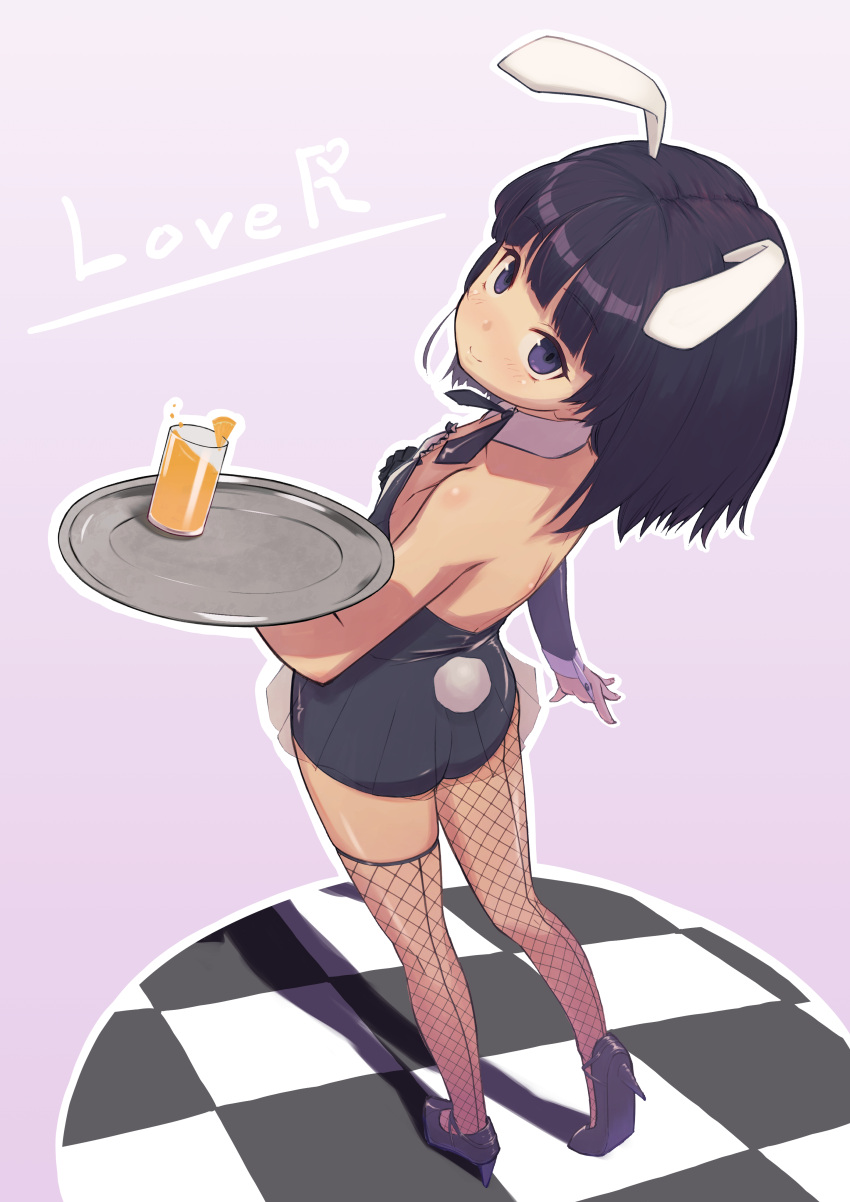 absurdres animal_ears asymmetrical_legwear black_leotard blunt_bangs checkered_floor copyright_name detached_collar detached_sleeves drink fishnet_thighhighs fishnets flat_chest high_heels highres himenogi_rinze holding holding_tray leotard looking_at_viewer looking_back love_r medium_hair playboy_bunny purple_background purple_eyes rabbit_ears rabbit_tail saisho_no_nakama simple_background single_detached_sleeve strapless strapless_leotard tail thighhighs tray